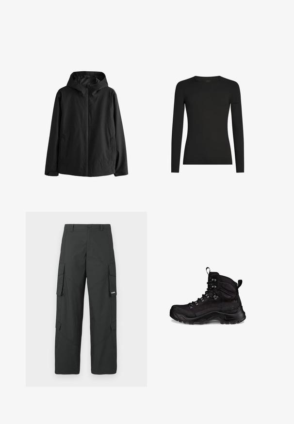 Chaqueta negra impermeable con capucha, cierre frontal completo, bolsillos laterales y una textura suave y mate. Presenta un diseño sencillo y moderno.; Camiseta negra de manga larga ajustada con cuello redondo y un sutil logo de Icebreaker en la manga izquierda, mostrada sobre un fondo blanco.; Pantalones cargo rectos negros con bolsillos laterales con solapa, cierre de botón, trabillas para cinturón y pequeño logo blanco en la solapa del bolsillo derecho.; Bota de senderismo negra con un diseño robusto, materiales de textil y goma, seis ojales y una suela texturizada para tracción.