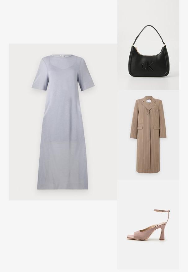 Blazer long rayé brun avec un revers cranté, fermeture à un bouton, et deux poches avant. Tissu lisse et coupe ajustée.; Robe mi-longue à manches courtes de couleur gris clair, confectionnée dans un tissu doux avec une texture lisse et un col rond, présentant une coupe décontractée.; Chaussure à talon haut en tissu rose avec une ouverture à l'avant, une fine bride à la cheville et un large talon bloc. Texture lisse et design simple et élégant.; Sac à main en cuir noir avec une forme courbée, doté d'une fermeture éclair dorée et d'un logo "cK" discret en relief. Texture lisse et une seule poignée.