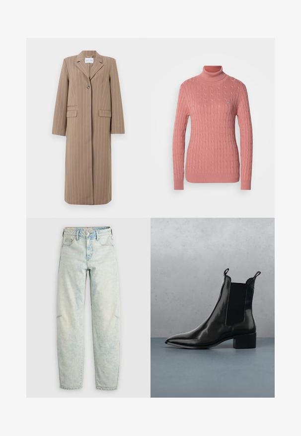 Brun stribet lang blazer med slået krave, enkelt knaplukning og to forlommer. Glat stof og skræddersyet pasform.; Rosa kabelstrikket højhalset sweater med lange ærmer, ribbede manchetter og kant; har lille logo detalje på brystet.; Lyseblå slidte denimjeans med en afslappet pasform, der har fem lommer, en knaplukning og falmet, let tekstureret stof hele vejen gennem.; Sort læder Chelsea boot med spids tå, elastiske sidepaneler og en kraftig hæl, hvilende over en overflade med sten- og trædesign.