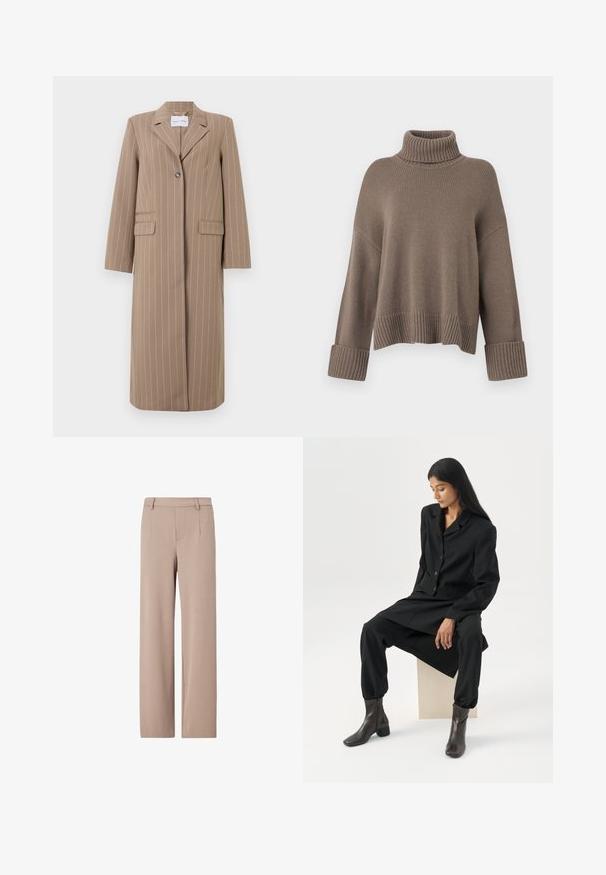 Brun stribet lang blazer med slået krave, enkelt knaplukning og to forlommer. Glat stof og skræddersyet pasform.; Taupe løst fit ribbestrikket sweater med brede manchetter og en tykk rullet høj krave.; Beige bukser med høj talje og brede ben med bæltestropper, frontplissering og skjult frontlukning.; Kvinde med langt mørkt hår, siddende iført en løs sort blazer, matchende vidde bukser og mørke ankelstøvler mod en ensfarvet hvid baggrund.