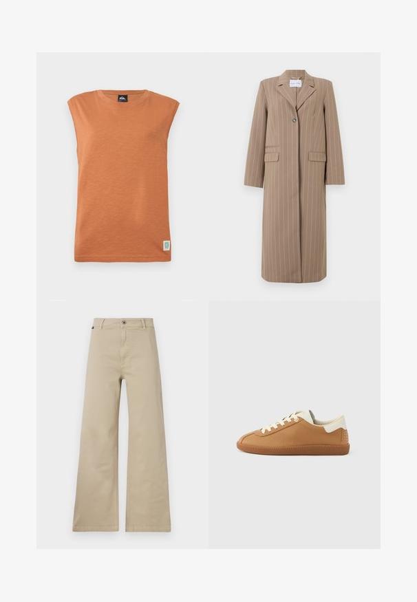 Hnedý pásikovaný dlhý blazer s klopovým golierom, jedným gombíkom a dvoma prednými vreckami. Hladká tkanina a prispôsobený strih.; Oranžové bezrukávové tričko vyrobené z jemnej, textúrovanej tkaniny. Zaoblený výstrih s malou nášivkou loga v dolnom ľavom rohu.; Béžové široké nohavice vyrobené z bavlny. Majú zapínanie na gombík, pútka na opasok a bočné vrecká. Hladká, robustná textúra s klasickým dizajnom.; Hnedá kožená teniska s krémovým šnurovaním, textúrovaným povrchom a bielym opätkom s cvočkami. Gumená podrážka.