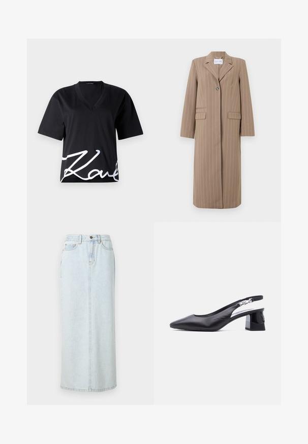 Brun stribet lang blazer med slået krave, enkelt knaplukning og to forlommer. Glat stof og skræddersyet pasform.; Sort V-hals T-shirt lavet af blødt stof, med korte ærmer og et stort hvidt signaturtryk nederst på fronten.; Lyseblå denim maxi-nederdel med lige design, frontknaplukning og synlige syninger. Har to frontlommer.; Sort læder slingback-sko med spids tå, lav blokhæl og sølvspænde på remmen, vist i profil mod hvid baggrund.