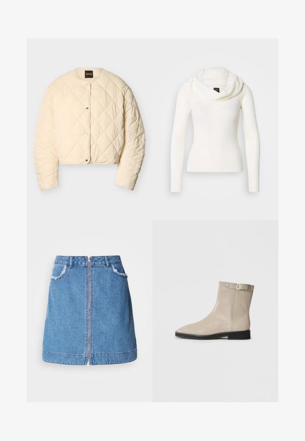 Cremefarvet quiltet jakke med trykknapper, rund halsudskæring, lange ærmer og diamantmønster i syningen, mærket med Boss-logo indeni kraven.; Hvid langærmet sweater med en rullekrave. Fremstillet af et blødt, tekstureret stof. Har en figursyet silhuet for et elegant udseende.; Lyseblå denim nederdel med en frontlynlås, flosset kant på lommerne og lige snit design. Kantlinjen er let buet.; Beige læder ankelstøvle med spids tå, sort sål, lav hæl og guld spænde rem på ydersiden, vist på hvid baggrund.