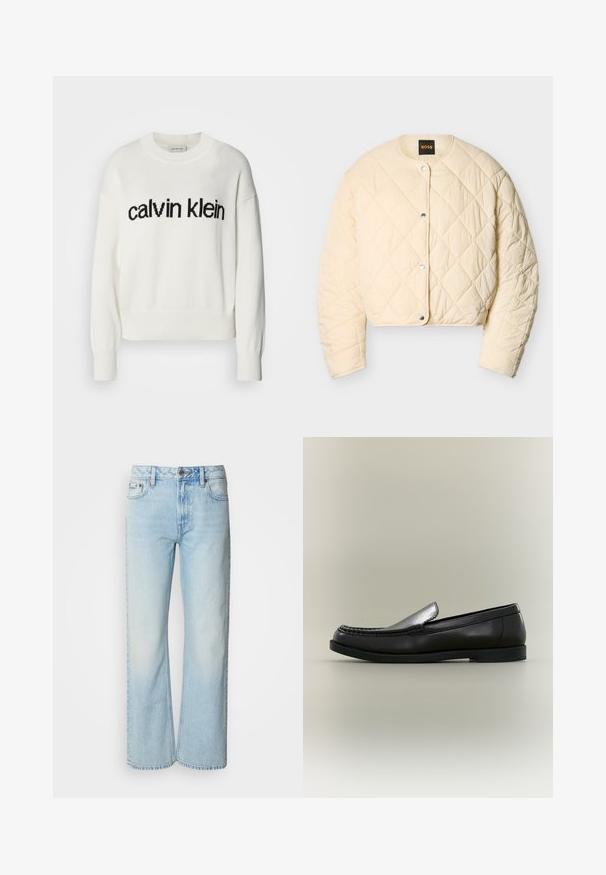 Cremefarvet quiltet jakke med trykknapper, rund halsudskæring, lange ærmer og diamantmønster i syningen, mærket med Boss-logo indeni kraven.; Hvid strikket sweater med rund halsudskæring og lange ærmer, med et sort "calvin klein" logo over brystet. Blød tekstur, cropped snit.; Lyseblå brede jeans lavet af denim med et klassisk fem-lomme design og en subtil falmet tekstur. Denim-syninger er synlige.; Sort læder loafer med moc toe-syning, lav hæl og slip-on design mod en neutral baggrund.