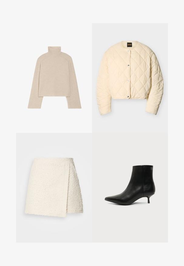 Chaqueta acolchada color crema con botones de presión, cuello redondo, mangas largas y patrón de costuras en forma de diamante, con etiqueta Boss en el interior del cuello.; Suéter de punto acanalado beige de cuello alto con mangas largas y un diseño ajustado, que presenta un collar alto y un patrón de punto texturizado.; Minifalda de tela texturizada color crema con delantero envuelto asimétrico y cinturilla recta sobre un fondo liso.; Botín de piel negra con puntera puntiaguda y tacón bajo estilo kitten sobre fondo claro, mostrando vista lateral exterior.