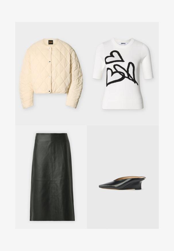 Chaqueta acolchada color crema con botones de presión, cuello redondo, mangas largas y patrón de costuras en forma de diamante, con etiqueta Boss en el interior del cuello.; Suéter blanco de manga corta con diseños abstractos de corazones negros en la parte delantera y cuello redondo, con una etiqueta DKNY en el interior del cuello.; Falda midi de cuero negro con corte recto. Textura suave, costuras mínimas y cinturilla ajustada. Sin bolsillos visibles ni detalles adicionales.; Zapato cuña de charol negro con punta puntiaguda y talón descubierto, con un diseño elegante y curvado de estilo minimalista.