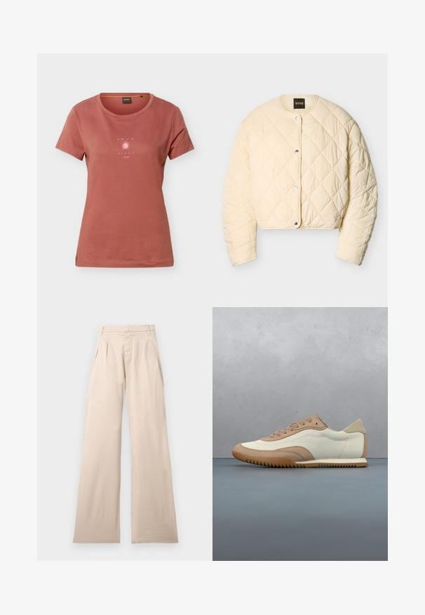Veste matelassée couleur crème avec boutons-pression, col rond, manches longues, motif de couture en losange, étiquetée Boss à l'intérieur du col.; T-shirt à manches courtes couleur rouille avec un col rond et un petit graphisme de soleil rose avec le texte "AMAR EL SOL" sur la poitrine.; Pantalons larges beige en coton, avec des plis à l'avant et une texture lisse. Le design inclut une taille standard et aucun motif visible.; Baskets crème et beige avec une tige texturée, des lacets et une semelle en caoutchouc, présentées au-dessus d'une surface en bois avec des cailloux.