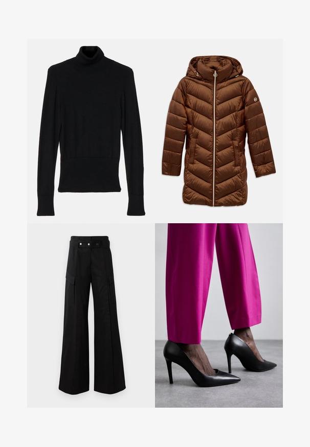 Braune gepolsterte Jacke mit Kapuze, ausgestattet mit einem Chevron-Steppmuster, Reißverschluss, Seitentaschen und Logo-Detail am Ärmel.; AERON TENDER LONG SLEEVED - Strickpullover - black; Schwarze weit geschnittene Hose mit hohem Bund, großen Seitentaschen, zwei vorderen Knöpfen und einer Schlaufen-Detail. Aus robustem Stoff gefertigt.; Schwarze High-Heels mit einer spitzen Zehenform und glatter Lederoberfläche. Kombiniert mit knallroten, maßgeschneiderten Hosen.
