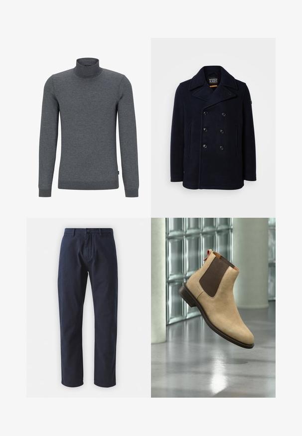 Mørkeblå uld peacoat med dobbeltradet design, stor klapkrave og to forlommer. Har sorte knapper og skulderlap.; Grå turtleneck sweater lavet af blødt strikstof. Har lange ærmer, en ribbet krave og en almindelig pasform med en glat tekstur.; Marineblå bomuldsbukser med lige ben, frontlukning med knap og bæltestropper. Glat tekstur og minimalistisk design.; Beige ruskind Chelsea-støvle med mørkebrun elastisk sidepanel og trække-flap, vist svævende over reflekterende poleret gulv indendørs.