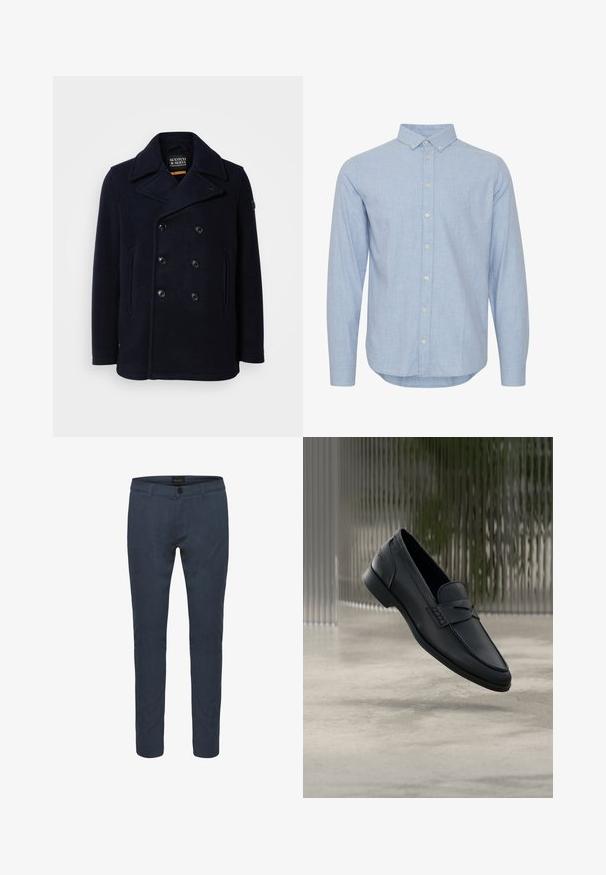 Abrigo de lana de color azul marino con diseño de doble botonadura, gran cuello de muesca y dos bolsillos delanteros. Presenta botones negros y parche en el hombro.; Camisa de botones de manga larga azul claro hecha de una tela suave. Presenta un cuello, una tapeta frontal con botones y un dobladillo curvado.; Pantalones ajustados de color azul oscuro, confeccionados en tela, con cierre de botón, bolsillos delanteros y un diseño entallado. Textura suave con un ligero brillo.; Zapato tipo mocasín de cuero negro con acabado liso, punta puntiaguda y detalles cosidos en la pala. Tacón bajo y diseño minimalista.