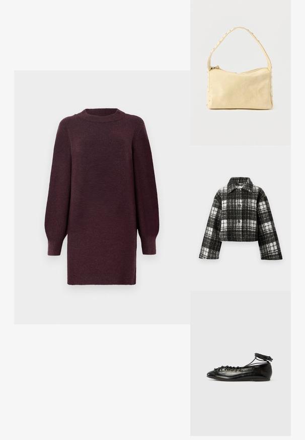 Veste courte en laine à carreaux noirs et blancs, dotée d'un col, de manches longues et de boutons à l'avant. Texture avec un motif à carreaux.; Robe-sweater bordeaux avec un col rond et de longues manches légèrement bouffantes. Fabriquée en tissu doux et texturé. Se termine au-dessus du genou.; Ballerines en cuir verni noir avec un bout rond, un design à lacets et une semelle plate. Texture lisse avec peu de détails.; Petit sac à main en cuir beige avec une seule bandoulière et des clous argentés le long des bords et de la bandoulière, posé sur un fond uni.
