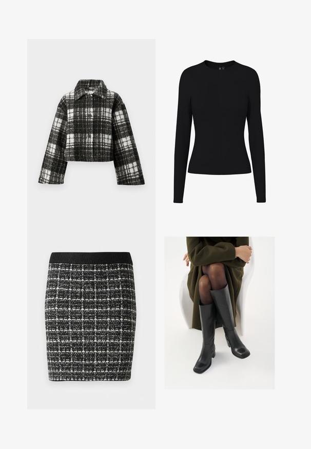 Veste courte en laine à carreaux noirs et blancs, dotée d'un col, de manches longues et de boutons à l'avant. Texture avec un motif à carreaux.; Chemise noire ajustée à manches longues pour femmes, avec un col rond, un tissu lisse, sans motifs ni ornements visibles.; Jupe à carreaux noir et blanc en tissu texturé, avec une taille noire et une silhouette cintrée.; Bottes en cuir noires arrivant au genou, avec un bout carré et un talon carré, présentées sur un modèle assis dans un manteau vert olive. Texture lisse, détails minimaux.