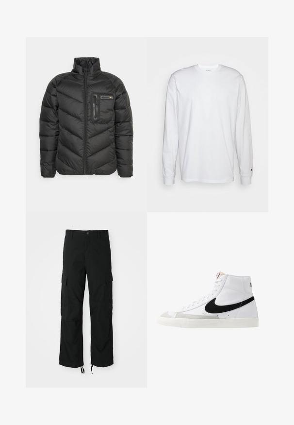 Veste en duvet matelassée noire avec col montant, fermeture éclair à l'avant, poche poitrine zippée et patch logo sur la poche poitrine.; T-shirt blanc à manches longues en coton. Design à col rond avec des poignets côtelés et un petit logo sur la manche gauche. Texture lisse.; Pantalons cargo noirs en tissu durable, comportant deux poches latérales, une fermeture à bouton et des ourlets ajustables pour un look décontracté et ample.; Baskets montantes blanches avec un swoosh noir, un capuchon de pied texturé gris et une semelle plate blanche. Elles possèdent six œillets et des accents cousus.