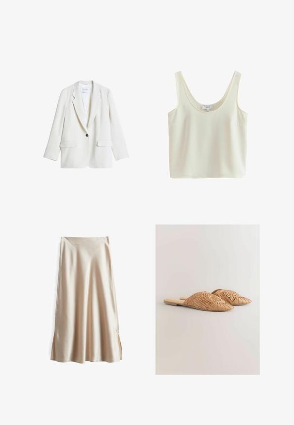 Weißer Ein-Knopf-Blazer mit Revers und Pattentaschen, flach auf weißem Hintergrund präsentiert.; Ärmelloses, cremefarbenes, kurzes Tanktop mit breiten Trägern und Rundhalsausschnitt aus glattem Stoff.; Satinrock in einem hellbeigen Farbton, mit einem glatten Material, ausgestelltem Design und seitlichen Schlitzen für bessere Bewegungsfreiheit.; Geflochtene Ledersandalen in hellbraun, mit einem übergroßen geflochtenen Obermaterial und flachem Absatz. Die spitze Zehenpartie sorgt für einen eleganten Look.