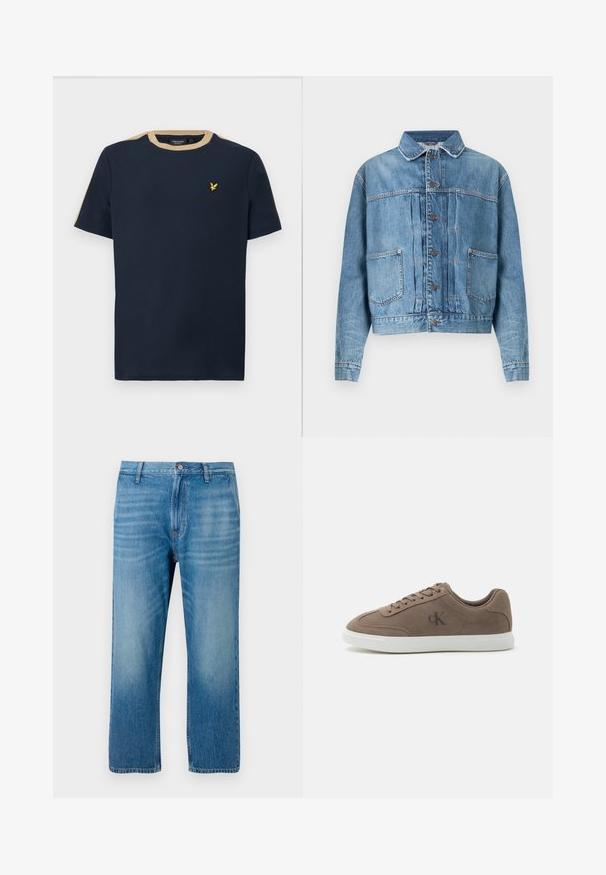Lyseblå denimjakke med spidst krave, knaplukning foran, to brystlommer og syningsdetaljer. Løs pasform og lange ærmer.; Mørkeblå t-shirt lavet af bomuld med rund halsudskæring og korte ærmer. Har en sandfarvet kant og et lille guld broderet logo.; Lys blå denimbukser med lige pasform, fem lomme-design, knaplukning og subtil falmning på forsiden. Ingen synlige mønstre.; Taupe ruskind lavtop sneaker med beige snørebånd, hvid gummisål og subtil "cK" logo på siden.