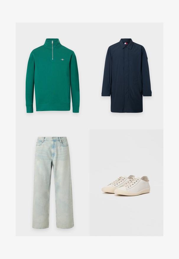 Manteau imperméable bleu marine avec un col, des manches longues à poignets boutonnés et des poches latérales. Tissu lisse au design minimaliste.; Sweat-shirt vert à col zippé en tissu doux, avec manches longues, ourlet côtelé et petit logo sur la poitrine.; Jean large à taille haute bleu clair avec boutons sur le devant et poches, présenté à plat sur un fond blanc.; Baskets blanches en cuir lisse avec des coutures ton sur ton, fermeture à lacets, bout arrondi et semelle en caoutchouc texturée.