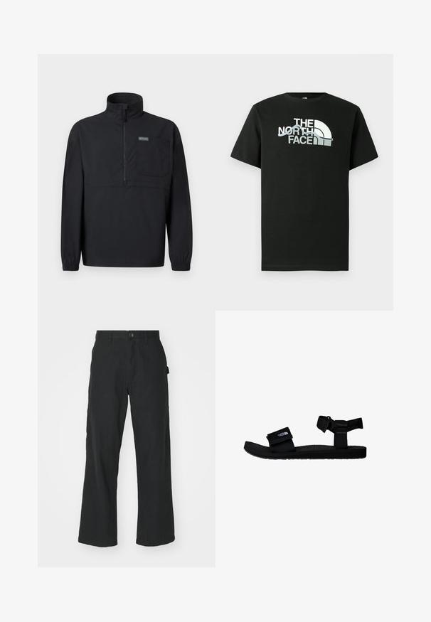 Schwarzer langärmliger Pullover mit halbem Reißverschluss, hohem Kragen, Brusttasche, elastischen Bündchen und kleinem Logolabel auf der Tasche.; Schwarzes T-Shirt aus Baumwolle mit einem aufgedruckten Logo in Weiß und Grau, kurzen Ärmeln und Rundhalsausschnitt.; Schwarze, weit geschnittene Hosen aus leichtem Material, mit Knopfverschluss, Fronttaschen und glatter Textur.; Schwarze Sandalen mit verstellbaren Stoffriemen, strukturiertem Gummisohle und einem Logopatch. Entworfen für Komfort und die Nutzung im Freien.