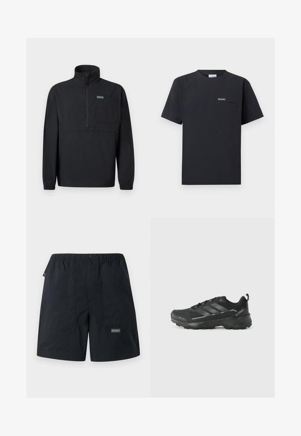 Pull-over noir à manches longues avec demi-fermeture éclair, col montant, poche poitrine, poignets élastiques et petite étiquette logo sur la poche.; T-shirt Columbia noir à manches courtes avec poche zippée sur la poitrine et petit écusson logo, présenté sur un fond blanc.; Shorts noirs légers avec taille élastique, poches avant, fermeture par bouton et petit logo Columbia sur la jambe inférieure droite.; Chaussure de sport noire avec un dessus en tissu texturé, trois rayures argentées, un orteil renforcé et une semelle en caoutchouc robuste pour une meilleure adhérence.