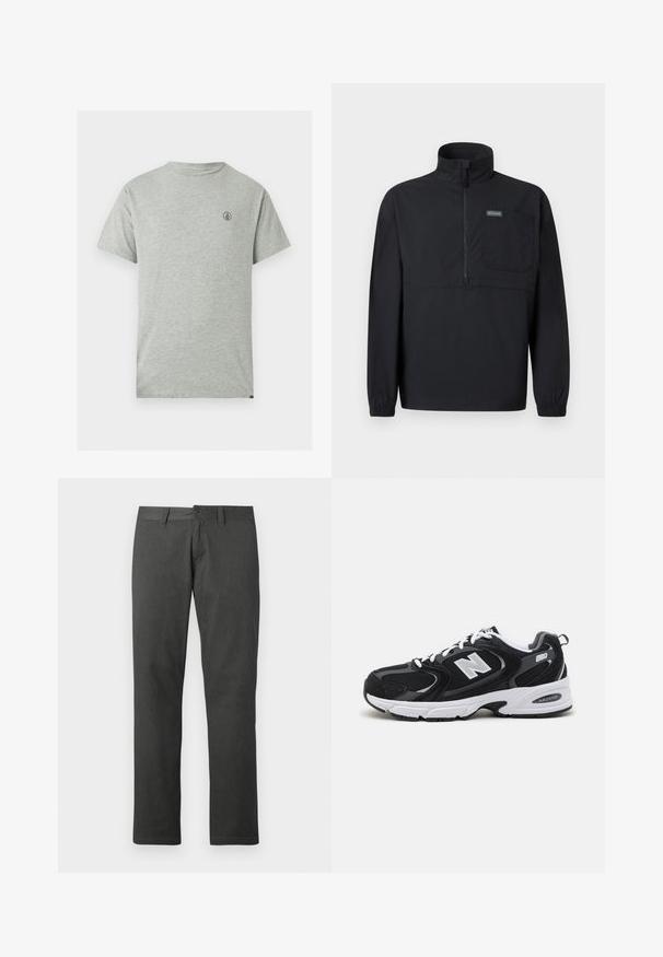Pull-over noir à manches longues avec demi-fermeture éclair, col montant, poche poitrine, poignets élastiques et petite étiquette logo sur la poche.; T-shirt gris à manches courtes en coton, avec un col rond et un petit logo noir sur le côté gauche de la poitrine. Design simple.; Pantalon en denim gris foncé à coupe droite, avec fermeture par bouton, passants de ceinture et texture subtile. Aucun motif ou accent visible.; Baskets de sport noires et grises avec un tige en mesh et en suède, présentant une semelle intermédiaire blanche, des lacets et un logo "N" audacieux sur le côté.