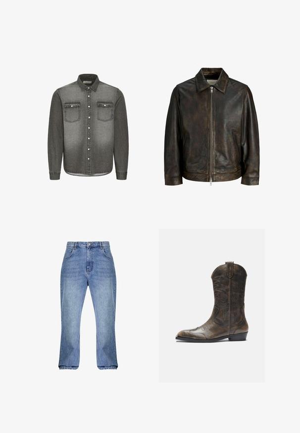 Mørkebrun vintage-stil læderjakke med frontlynlås, skjortekrave og sidelommer, vist på hvid baggrund.; Grå denimskjorte med button-down krave, lange ærmer, to brystlommer og sølvhardware detaljer. Aftagende gradient design.; Lys blå denim jeans med høj talje, lige snit og let flaxede ben. Har klassisk fem-lommestil og bæltestropper.; Brune læder cowboystøvle med en høj skaft, spids tå, intrikate syning mønstre og en lille hæl. Struktureret finish hele vejen igennem.