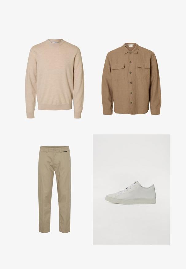 Brun langærmet skjorte med knapper, to brystlommer med klapper, en almindelig krave og knappede manchetter.; Beige langærmet rundhalset sweater lavet af blødt strikstof, med ribstrikkede manchetter og kant, designet til mænd.; Khaki chinos lavet af bomuld, med lige pasform, bæltestropper, frontlommer og en minimalistisk logoaccent nær taljen.; Hvide lædersneakers med lavt design, der har runde snørebånd, minimal syning og en struktureret gummisål.