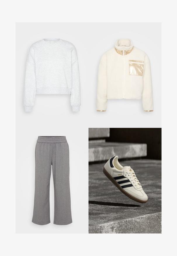 Veste en polaire blanche avec un col haut, dotée d'une fermeture éclair dorée brillante, d'accents dorés sur la poche et les poignets, et d'un design court.; Sweatshirt court à manches longues de couleur gris clair, avec des poignets côtelés et un col rond haut, présenté sur un fond uni léger.; Pantalons gris à jambes larges fabriqués dans un tissu texturé avec une taille élastique. Dotés d'un motif subtil, sans poches ni fermetures.; Baskets blanches Adidas Samba avec des bandes noires et une semelle en gomme, flottant au-dessus de marches en béton gris texturé.