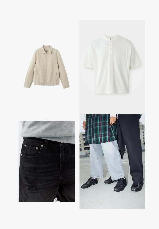 Beige afslappet jakke med lange ærmer, lynlås foran, krave og to skrå lommer foran på en hvid baggrund.; Hvid kortærmet skjorte med henley-udskæring, der har tre knapper og et lille logo på venstre bryst. Fremstillet af bomuldsstof.; Nærbillede af sort slidte denimjeans med synlige lommeriveter og en indstukket grå skjorte.; Sorte atletik sko med mesh- og gummidetaljer. Båret med lysegrå vide jeans og en ternet grøn bluse. Flad overflade i baggrunden.