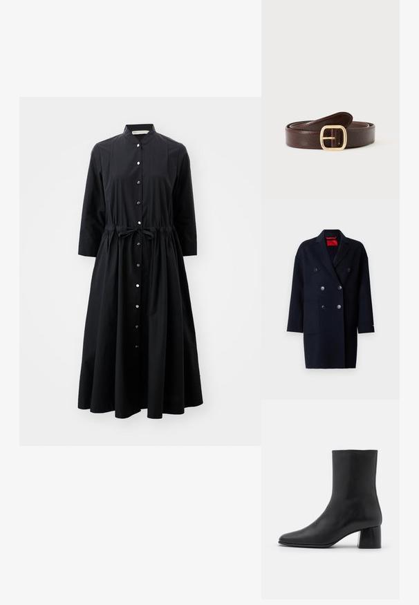 Doppelreihiger Marineblauer Mantel aus Wollmischung, mit großen Knöpfen, Reverskragen und zwei Fronttaschen. Glatte Textur und lockere Passform.; Schwarzes Langarmkleid aus Baumwolle mit durchgehender Knopfleiste, tailliertem Bund mit Gürtel und ausgestelltem Rock.; Schwarze Leder-Ankle-Boots mit spitzer Zehenpartie und einem klobigen, quadratischen Absatz. Glatte Textur mit nahtlosem Design und minimalistischem Nähen.; Dunkelbrauner Ledergürtel mit einer abgerundeten goldenen Schnalle, zusammengerollt und auf einem hellgrauen Hintergrund platziert.