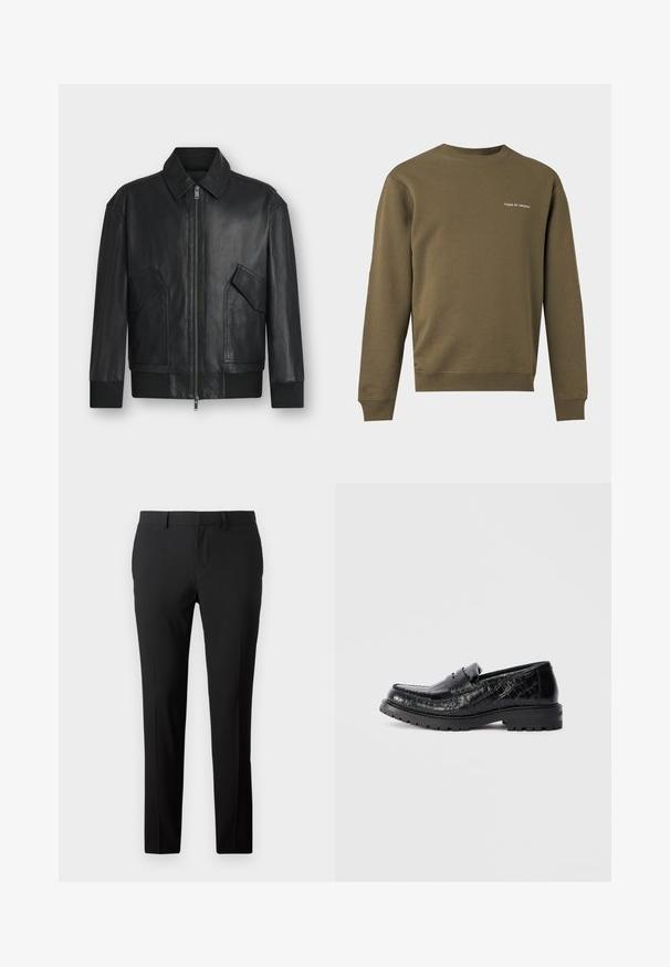 Sort læderjakke med frontlynlås, to skrå klaplommer, ribbet manchetter og kant, vist på hvid baggrund.; Langærmet olivengrøn crewneck sweatshirt med lille "Tiger of Sweden" tekstlogo på venstre bryst.; Skræddersyede sorte bukser i et glat stof. Har et lige ben-design, frontfald og bæltestropper til justerbar størrelse.; Sort krokodilleskinnet loafers med kraftig sål og penny-strop, set fra siden, isoleret på lys grå baggrund.