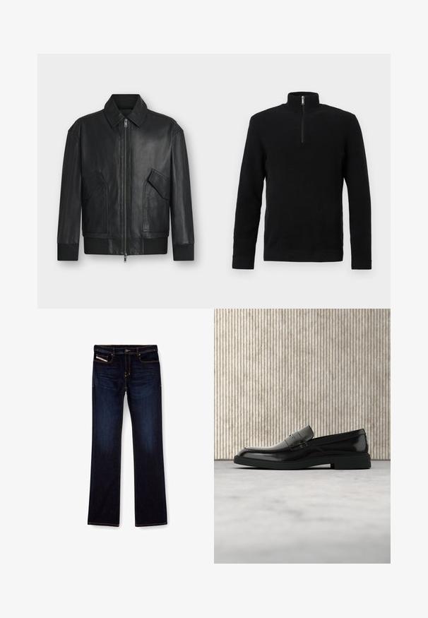 Chaqueta de cuero negra con cremallera frontal, dos bolsillos con solapa inclinados, puños y dobladillo acanalados, mostrada sobre un fondo blanco.; Jersey negro de manga larga con textura, media cremallera en el cuello alto y puños y dobladillo acanalados, presentado sobre un fondo blanco.; Jeans de mezclilla de color azul oscuro con corte recto, con costuras naranjas, cremallera en la bragueta y bolsillos delanteros. Textura suave y cinturilla estándar.; Zapato loafer de cuero negro pulido flotando sobre una alfombra beige con muebles translúcidos naranjas de fondo.