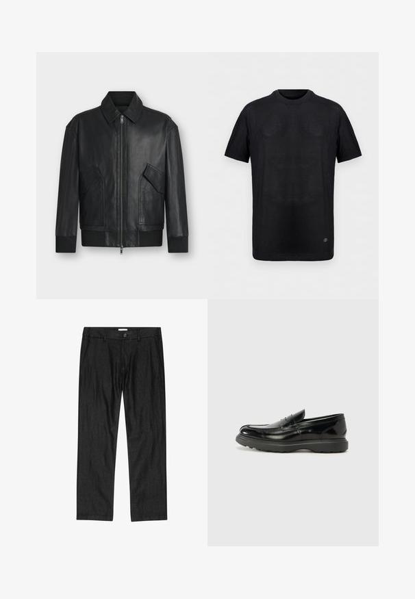 Chaqueta de cuero negra con cremallera frontal, dos bolsillos con solapa inclinados, puños y dobladillo acanalados, mostrada sobre un fondo blanco.; Camiseta negra de punto acanalado con mangas cortas, cuello redondo y pequeño logo metálico cerca del dobladillo inferior sobre un fondo liso.; Pantalones negros de corte recto para hombre con botón frontal, bragueta con cremallera y bolsillos laterales, mostrados planos sobre fondo blanco.; Mocasín de cuero negro con un acabado brillante, punta redondeada, detalles de costura sutiles y una suela de goma gruesa para mayor durabilidad.