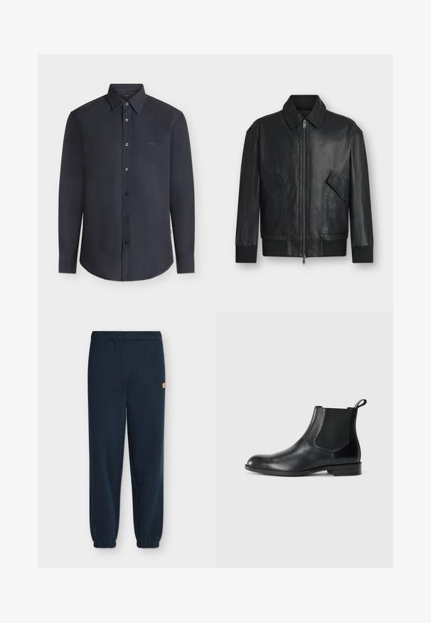 Veste en cuir noire avec fermeture éclair à l'avant, deux poches à rabat inclinées, poignets et ourlet côtelés, présentée sur fond blanc.; Chemise noire à manches longues boutonnée avec col, avec le logo « BOSS » sur la poitrine, présentée sur un fond clair uni.; Pantalon de survêtement bleu marine avec taille et poignets élastiques, avec un petit patch logo beige sur la hanche droite, présenté sur un fond clair.; Bottine en cuir noir avec des panneaux latéraux élastiques, bout rond et tirette. Texture lisse, semelle plate, design minimaliste.