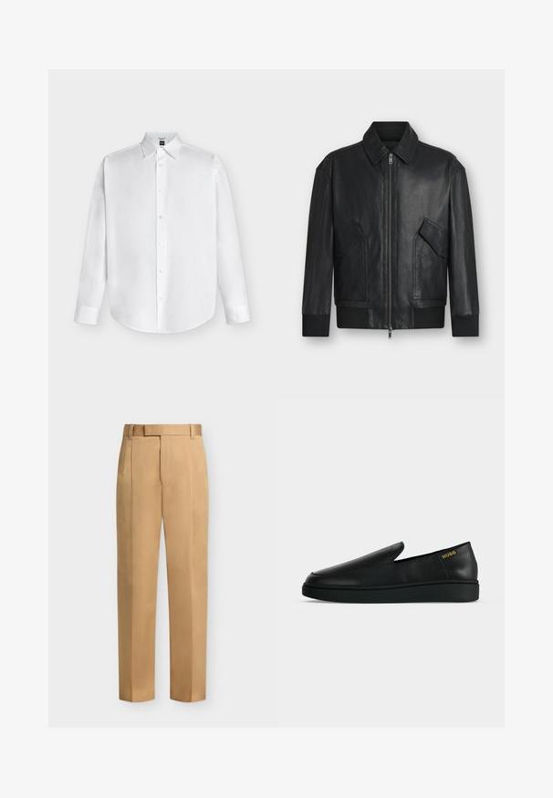 Veste en cuir noire avec fermeture éclair à l'avant, deux poches à rabat inclinées, poignets et ourlet côtelés, présentée sur fond blanc.; Chemise blanche à manches longues avec boutons et col classique, présentée à plat sur un fond clair.; Pantalon beige droit avec passants de ceinture, plis devant et fermeture éclair.; Chaussure noire en cuir à enfiler avec semelle épaisse et marquage "HUGO" en or près du talon sur un fond uni gris clair.