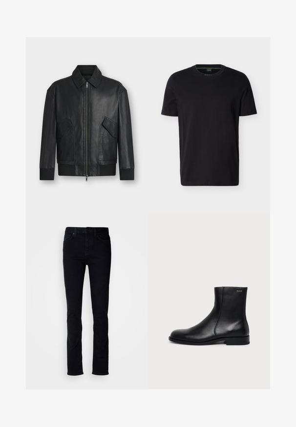 Schwarze Lederjacke mit Frontreißverschluss, zwei schrägen Klappentaschen, gerippten Bündchen und Saum, dargestellt auf weißem Hintergrund.; Schwarzes T-Shirt mit kurzen Ärmeln und Rundhalsausschnitt, mit einem kleinen grünen "BOSS"-Etikett im Kragen.; Schwarze Denim-Jeans mit Slim-Fit, Fünf-Taschen-Design, sichtbaren Nähten und Knopfleiste. Glatte Textur ohne zusätzliche Muster.; Schwarzer Leder-Knöchelstiefel mit niedrigem Absatz, seitlicher Naht und kleinem "HUGO" Logo am oberen Schaft vor einfarbigem Hintergrund.