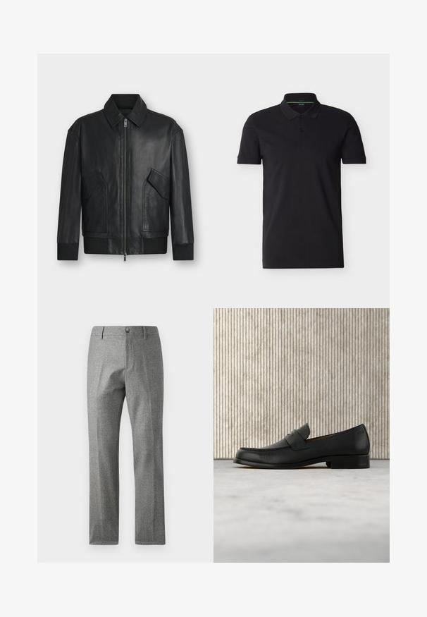 Veste en cuir noire avec fermeture éclair à l'avant, deux poches à rabat inclinées, poignets et ourlet côtelés, présentée sur fond blanc.; Polo noir à manches courtes avec col et patte à deux boutons, présentant un logo BOSS discret sur la poitrine et une finition intérieure verte au niveau du cou.; Pantalon gris texturé avec une coupe droite, comportant une fermeture à boutons et fermeture éclair à l'avant. Détail de motif en chevrons subtil.; Mocassin en cuir noir flottant au-dessus d'un tapis beige avec une table ronde brune brillante en arrière-plan.