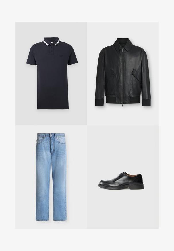 Veste en cuir noire avec fermeture éclair à l'avant, deux poches à rabat inclinées, poignets et ourlet côtelés, présentée sur fond blanc.; Polo noir à manches courtes avec une patte de boutonnage et un col noir orné de deux rayures blanches.; Jean droit en denim bleu clair avec fermeture par bouton et zip, poches avant et arrière, et passants de ceinture à la taille.; Chaussure de ville en cuir noir avec un bout arrondi, surface lisse, détails en dentelle et une semelle en caoutchouc texturée basse. Lignes épurées et design minimal.