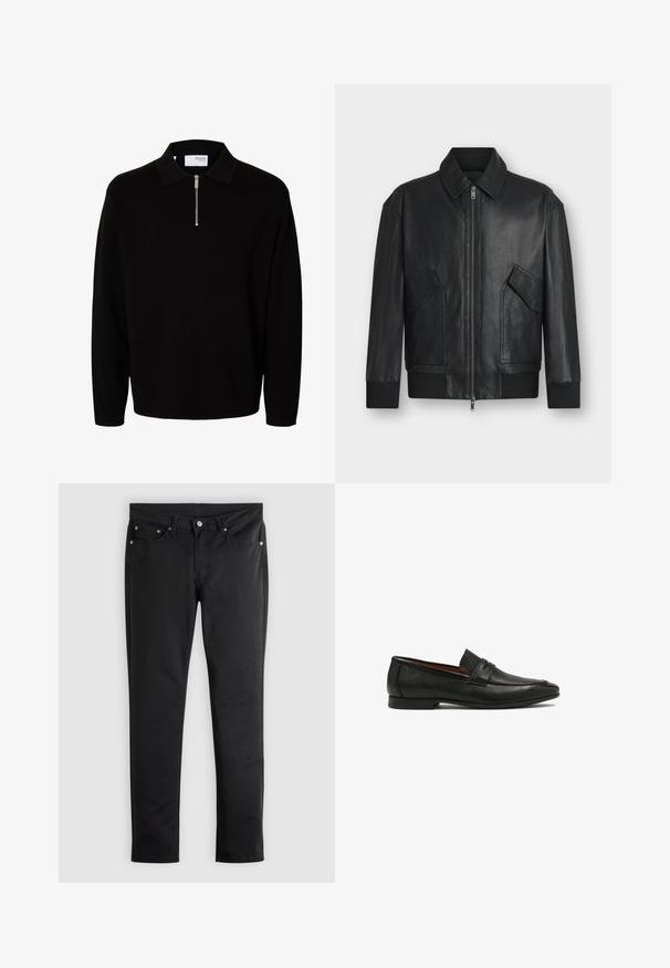 Must nahktagi esiküljel tõmblukuga, kaks kaldus klapiga taskut, soonikkoes mansetid ja alläär, kujutatud valgel taustal.; Mustast pikast varrukast kootud pullover kraega ja lühikese eesmise lukuga, meeste jaoks loodud.; Mustad teksapüksid kitsas lõikega, millel on klassikaline viie taskuga disain, metallist detailid ja sile, mati tekstuur.; Mustad nahast loafers, millel on tekstuuriga viimistlus, dekoratiivne rihm ja madal, lame tald. Sujuv, terav nina disain.