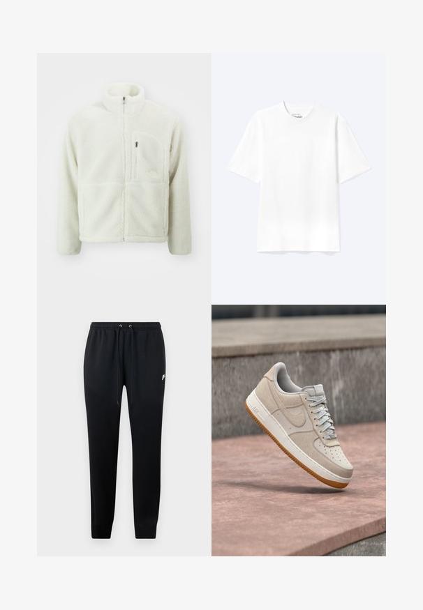 The North Face EXTREME JACKET - Fleecejas - white dune; Effen witte T-shirt met korte mouwen en ronde hals, met een losse pasvorm, weergegeven op een lichte achtergrond.; Zwarte sweatpants van zacht materiaal, met een elastische tailleband met trekkoord, cuffs bij de enkels en een klein logo-detail aan de zijkant.; Beige en witte Nike Air Force 1 sneaker met een gumzool die boven een roze stenen oppervlak zweeft, met een grijze stenen achtergrond.