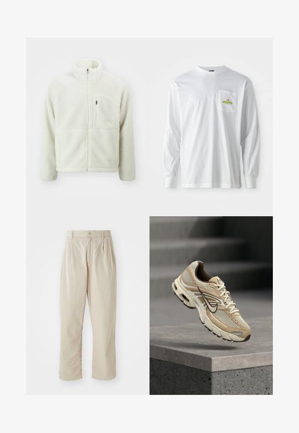 The North Face EXTREME JACKET - Veste polaire - white dune; T-shirt à manches longues blanc avec un col rond, doté d'une poche poitrine comportant un petit logo coloré brodé et du texte.; Pantalons beiges légers avec une coupe décontractée, plis rentrés à l'avant, fermeture à bouton et ourlets retroussés. Texture lisse, design minimal.; Chaussure de running Nike beige et blanche avec panneaux en mesh et swoosh noir, flottant au-dessus d'un rebord en béton avec des escaliers flous en arrière-plan.