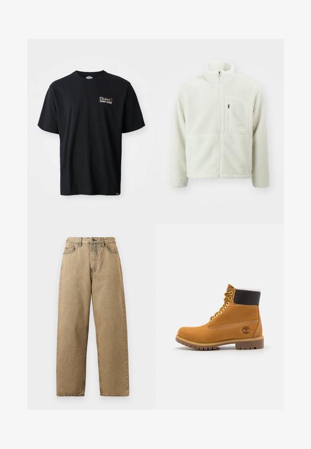 The North Face EXTREME JACKET - Fleecejas - white dune; Zwarte katoenen T-shirt met korte mouwen. Bevat een geborduurd logo "Dickies Donut House" op de linker borst. Klassiek crew neck ontwerp.; Tan denim jeans met een rechte pijpontwerp, voorzien van een rits, riemlussen en contrasterende stiksels. Geen opvallende patronen of hardwaredetails.; Bruine leren enkellaars met metalen oogjes, witte faux bont voering, zwarte gewatteerde kraag, robuuste zool en een reliëflogo aan de zijkant.