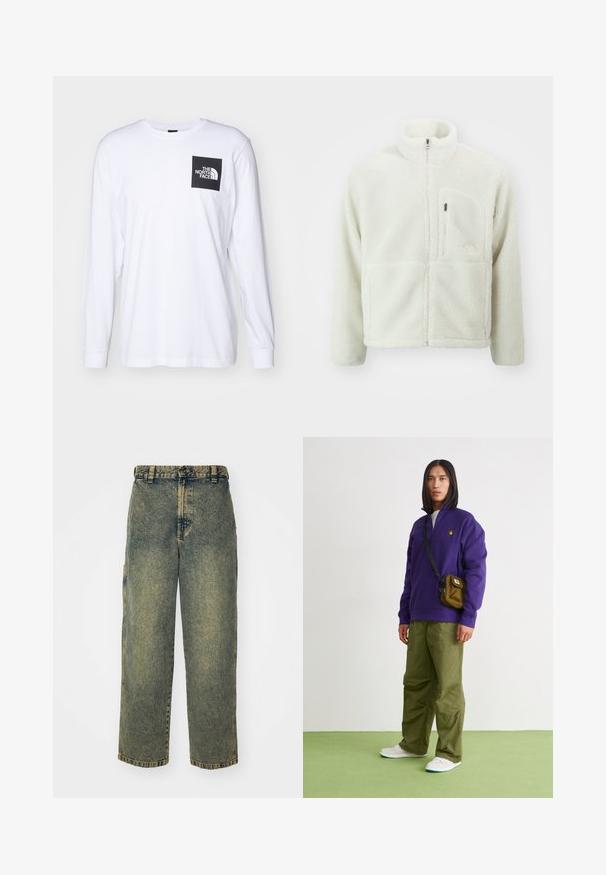 The North Face EXTREME JACKET - Forro polar - white dune; Camiseta de manga larga blanca con un logo cuadrado negro que dice "The North Face" en la parte superior izquierda del pecho.; Jeans de denim holgados en un lavado azul y verde descolorido. Presenta un cierre de botón, pasadores para el cinturón y bolsillos laterales. Diseño de frente plano y pierna recta.; Jordan AIR JORDAN 1 ZM CMFT 2 - Zapatillas altas - summit white/bicoastal/oxidized green