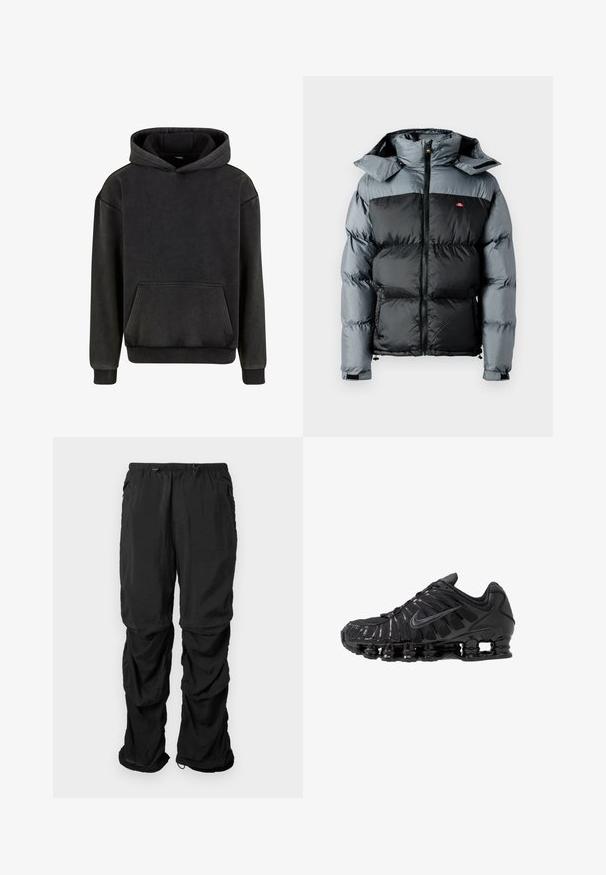 Gewatteerd jack met een zwart onderste gedeelte en een grijs bovenste gedeelte. Voorzien van een hoge kraag, ritssluiting en een vaste capuchon.; Urban Classics Hoodie - magnet; Zwarte utilitybroek van lichtgewicht stof met een elastische tailleband, verstelbare trekkoorden en zijzakken in een relaxte pasvorm.; Zwarte sportschoenen gemaakt van mesh en synthetische materialen, met een opvallend golvend ontwerp, zwarte rubberen zool en reflecterende accenten.