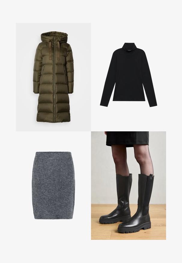 Manteau d'hiver rembourré vert olive long avec capuche, fermeture éclair à l'avant, cordons de serrage et poches latérales zippées.; Turtleneck à manches longues noir. Tissu doux, design près du corps, col montant et coutures latérales. Style simple et polyvalent, idéal pour le superposition.; Jupe mini en mélange de laine gris foncé. Conception ajustée avec une surface douce et texturée. Dotée d'une large ceinture élastique pour plus de confort.; Bottes noires jusqu'au genou avec un extérieur en cuir lisse, des panneaux latéraux en élasthanne et une semelle en caoutchouc épaisse avec un motif de semelle texturé.