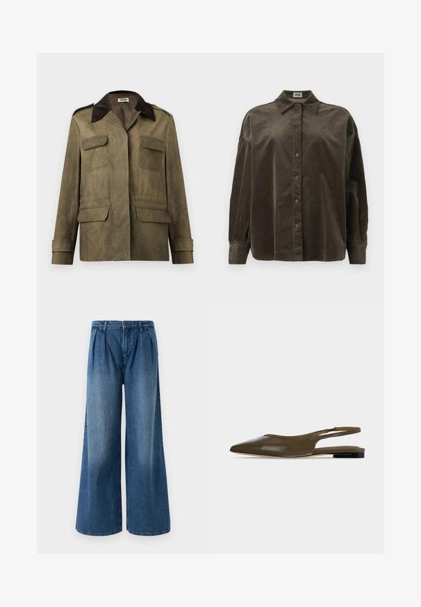 Männerjacke aus olivgrünem Wildleder mit einem dunkelbraunen Cordkragen, vier Klappentaschen und knöpfbaren Manschetten.; Dunkelbraune Corduroy-Hemd mit langen Ärmeln, Knopfleiste und Kragen, mit abgesenkten Schultern, auf einem schlichten weißen Hintergrund präsentiert.; Weite Jeans aus mittlerem blauen Denim, mit Falten am Bund und einem flachen Vorderdesign. Einfacher Saum ohne sichtbare Verzierungen.; Olivgrüner Slingback-Flachschuh mit spitzer Zehenpartie, niedrigem schwarzem Absatz und glattem, glänzendem Finish.