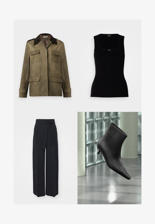 Veste en daim vert olive pour hommes avec col en velours côtelé marron foncé, quatre poches à rabat et poignets à boutons.; Débardeur noir côtelé avec un décolleté carré, arborant un petit logo en accent au centre. Confectionné dans un matériau doux et texturé.; Pantalons noirs à jambes larges en tissu doux. Dotés d'une taille ceinturée et de plis avant. Texture lisse avec un design épuré et contemporain.; Bottine en cuir noir avec bout pointu et petit talon, présentée devant un mur en blocs de verre et un sol poli.