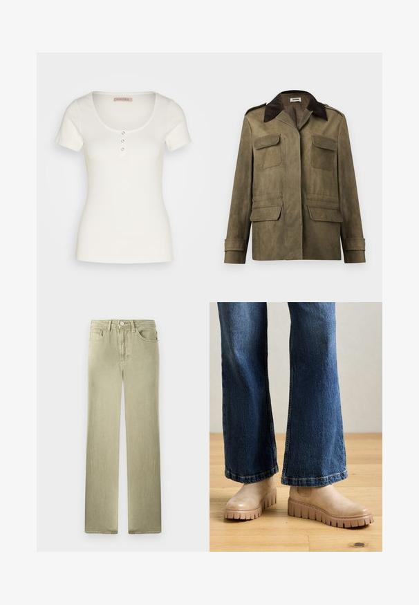Veste en daim vert olive pour hommes avec col en velours côtelé marron foncé, quatre poches à rabat et poignets à boutons.; Haut blanc à manches courtes à côtes, avec un décolleté arrondi, doté de trois boutons décoratifs à l'avant. Texture lisse, design ajusté.; Jean beige à jambe droite avec poches avant et arrière, fermeture par bouton et zip, présenté sur un fond blanc.; Bottines beiges avec une surface texturée et des semelles épaisses et striées. Associées à un jean flare bleu foncé et posées sur un sol en bois.