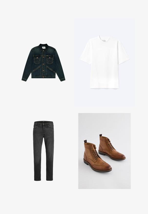 Wrangler UNLINED - REGULAR FIT - Cowboyjakker - nightfall; Enkel hvid T-shirt med korte ærmer og rund hals med afslappet pasform, vist på en lys baggrund.; Sorte denim jeans med lige pasform, fem-lomme design og lynlås. Har diskret falmning og kontrastsyninger.; Brune læderankelstøvler med brogue-detaljer, udstyret med snørelukning, metalkøjer og en kontrasterende sort gummisål.
