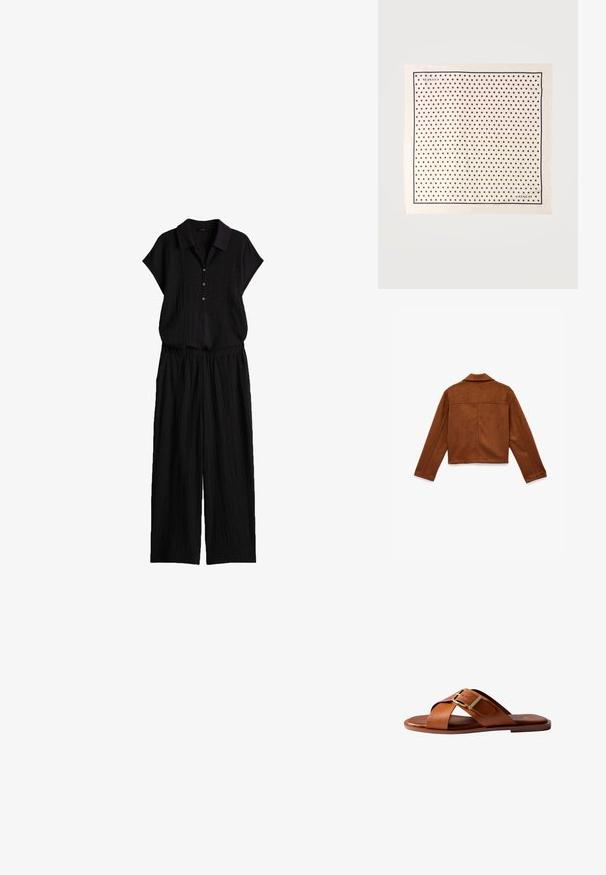 Bruine faux suede cropped jas met een kraag, lange mouwen en zichtbare stiksels op de achterkant en zijkanten.; Zwart getextureerd tweedelig outfit met een kortemouwen coltop met knopen en wijde broek, gemaakt van lichte stof.; Bruine leren slidesandaal met gekruiste bandjes en een gouden gesp op een platte zool, vanaf de zijkant bekeken op een witte achtergrond.; Vierkante sjaal in roomkleur met kleine zwarte en bruine polka dots, fijne zwarte rand en "COACH"-logo in twee hoeken.