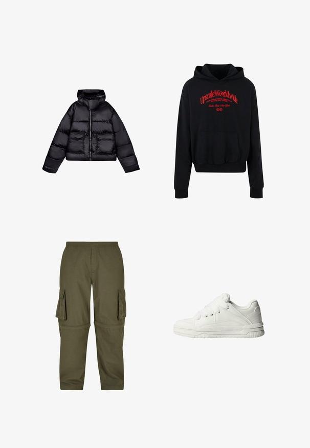 Sort cropped pufferjakke med hætte, der har en glat, blank tekstur, to frontlommer og en central lynlås.; Sort hoodie lavet af bomuldsblanding, med en frontlomme, ribbede manchetter og et rødt grafisk tekstdesign på brystet.; Olivengrøn cargo-bukser lavet af letvægtsstof, med flere sidelommer, elastisk talje og lige pasform.; Hvide sneakers med en glat læderoverflade, polstret tunge, flade snørebånd og strukturerede detaljer på siderne og hælen.