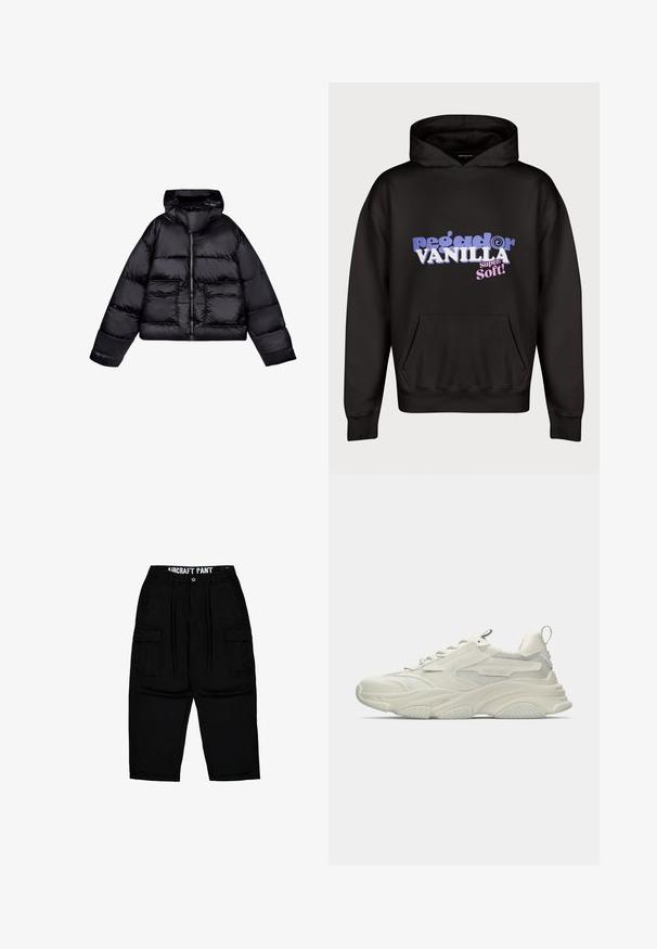 Schwarze, kurz geschnittene Daunenjacke mit Kapuze, die eine glatte, glänzende Textur aufweist, zwei Fronttaschen und einen zentralen Reißverschluss hat.; Schwarzer Hoodie mit einer Fronttasche, Kapuzenzug und buntem Text "Pega d'or VANILLA Super Soft!" in lila und rosa Akzenten.; Schwarze Cargo-Hose mit Gürtelschlaufen, Frontknopf, Reißverschluss, seitlichen Klappentaschen und dem Aufdruck "AIRCRAFT PANT" am inneren Bund.; Klobiger weißer Sneaker mit Netzakzenten, texturierter Gummisohle und abgerundeter Form. Verfügt über minimalistisches Branding und eine Ziehschlaufe an der Ferse.